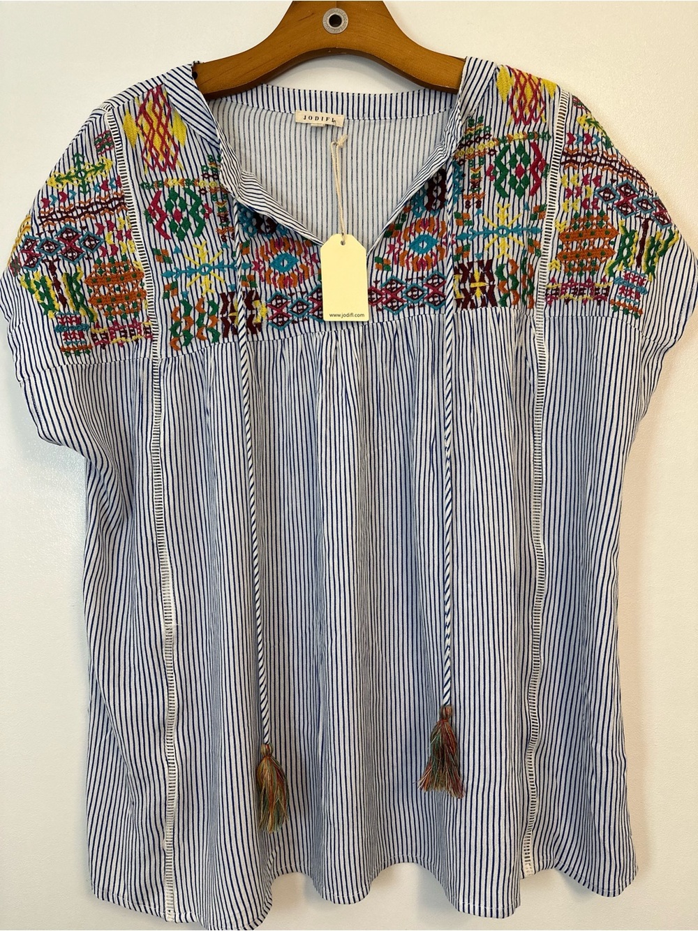 JODIFL Blue and White Striped Tunic with Multicolor Embroidered Yoke